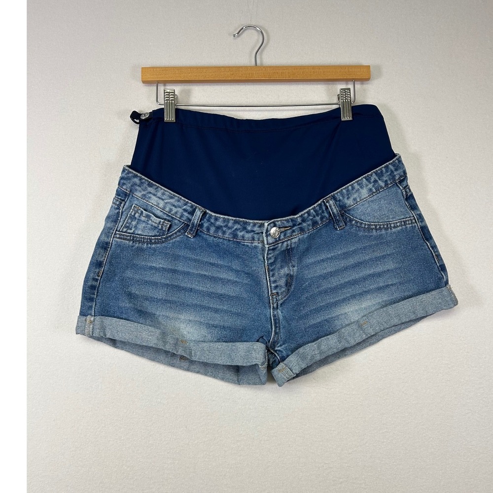 Maternity Casual Women L Blue Denim Cuffed Over Belly Shorts US 8/10